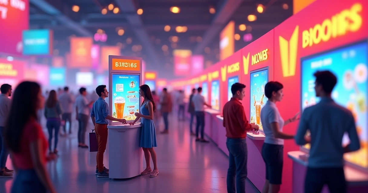 Evento movimentado com pessoas se servindo em totens sem fila 