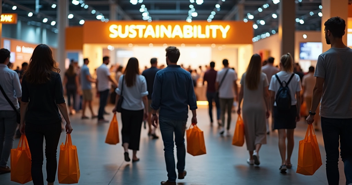 Pessoas em evento corporativo carregando ecobags 