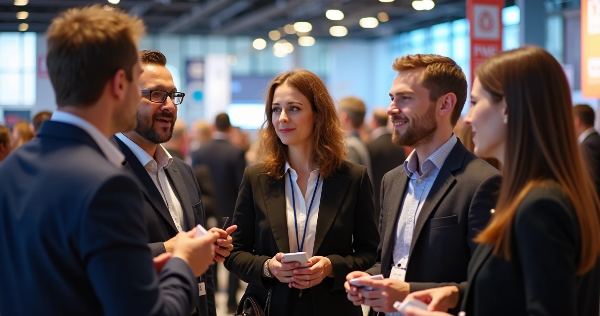 Empresários de PME trocando experiências em evento de negócios 