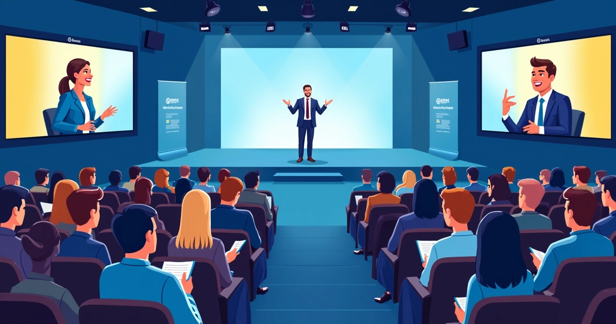 Evento híbrido com líderes sindicais e profissionais assistindo presencialmente e em transmissão online 