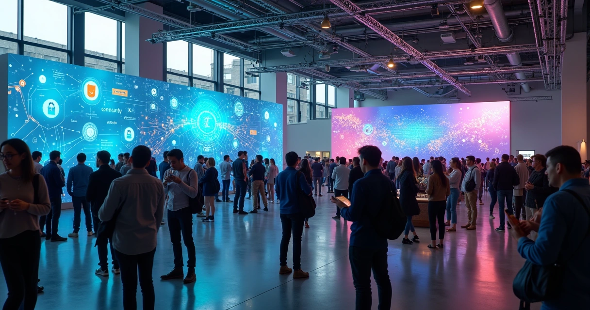 Evento com várias pessoas conectando-se em um espaço aberto, com telão e símbolos de tecnologia