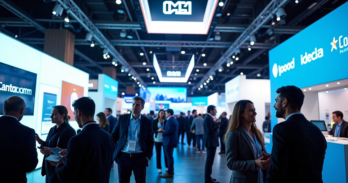 Pessoas em um grande evento de tecnologia nos EUA interagindo em frente a estandes iluminados