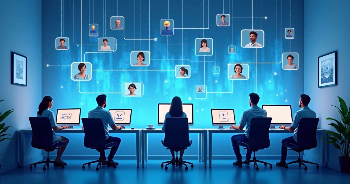 Ambiente virtual com várias pessoas em computadores conectados por linhas digitais