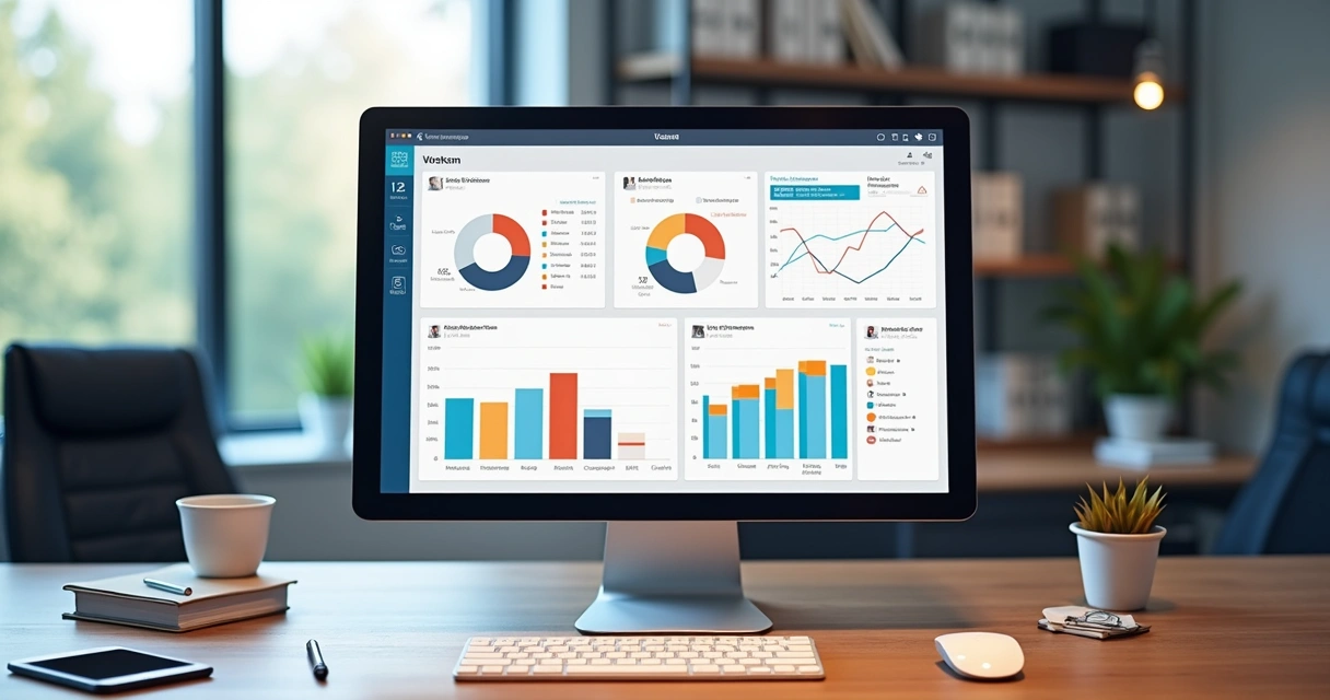 Tela de computador exibindo dashboard de sistema personalizado para eventos com gráficos e interações digitais 