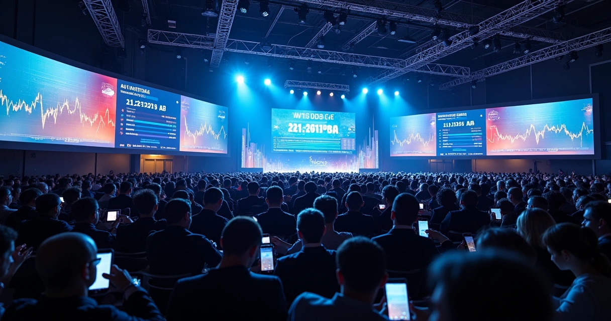 Cenário de evento de tecnologia com pessoas analisando gráficos em tempo real