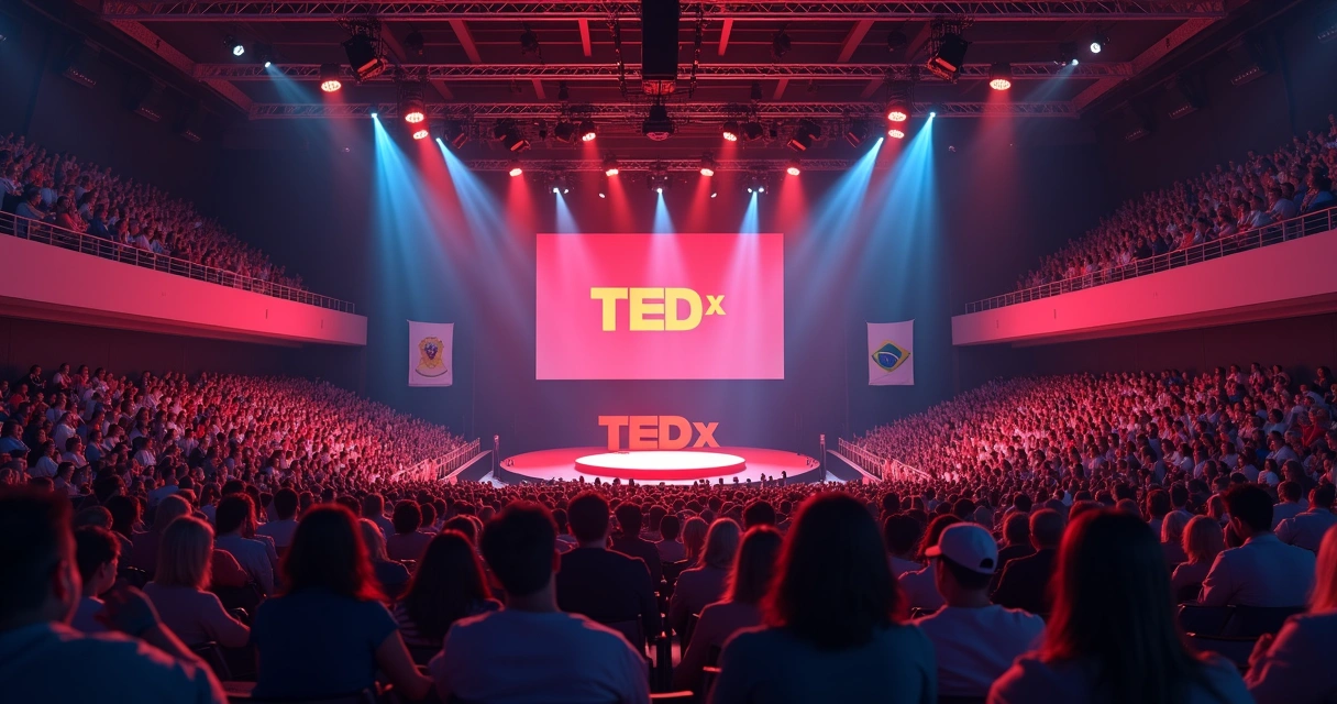 Auditório com logo TEDx no palco e pessoas aplaudindo 