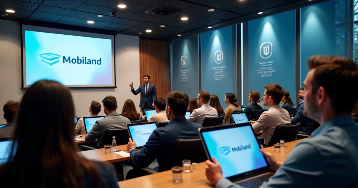 Evento corporativo com tablets alugados, todos em uso durante treinamento 