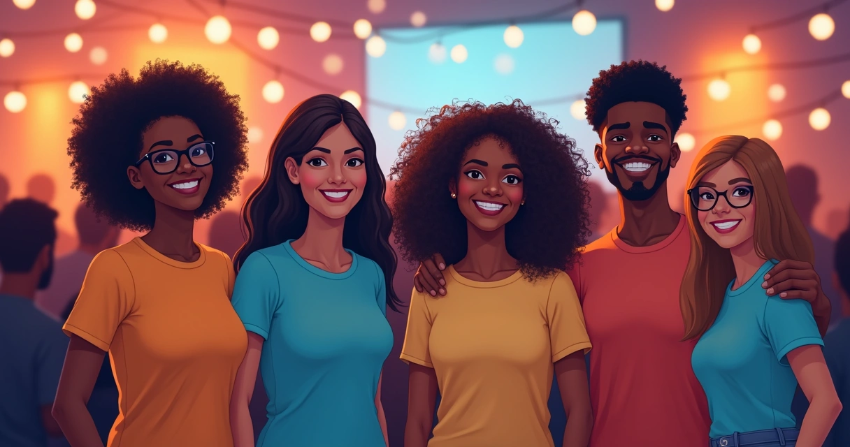 Pessoas felizes usando camisetas personalizadas em evento empresarial 