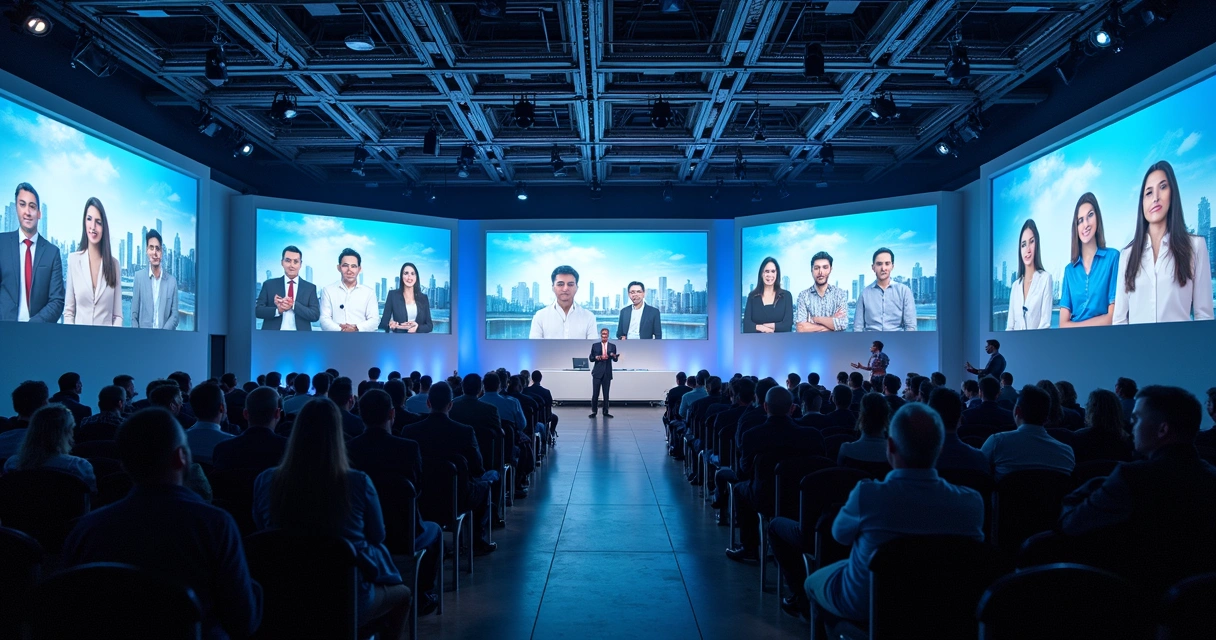 Auditório brasileiro com painéis de LED mostrando participantes argentinos em transmissão ao vivo 