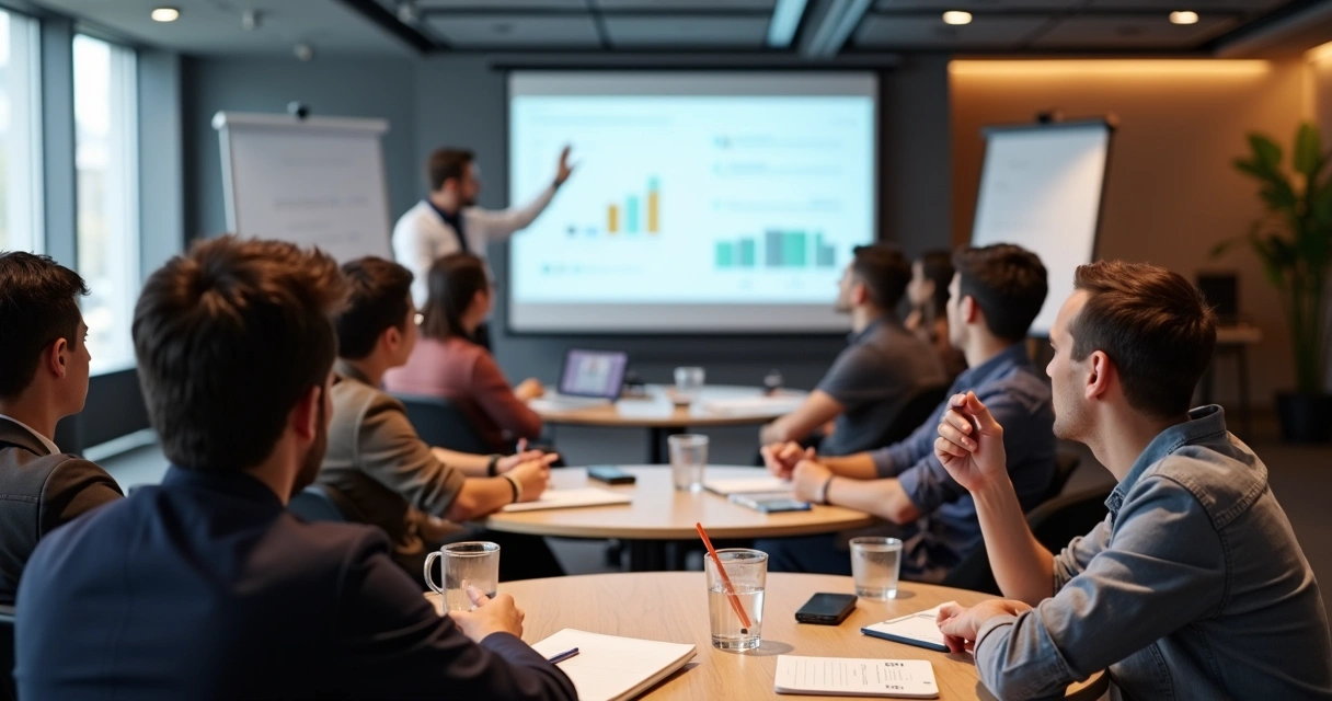 Equipe reunida realizando treinamento em sala de eventos 