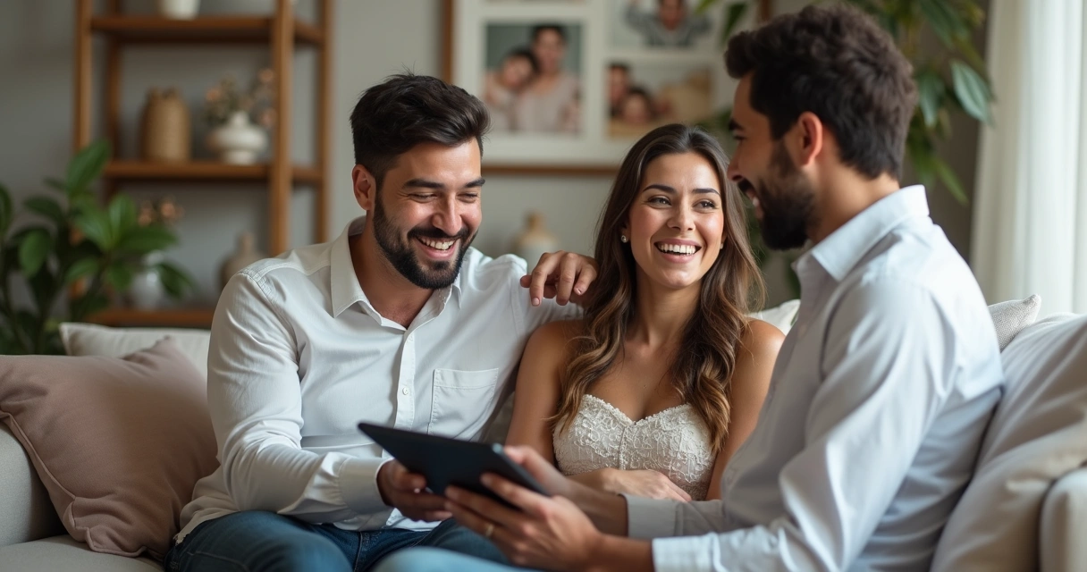 Casal sorridente conversando com corretor sobre seguros em ambiente informal 