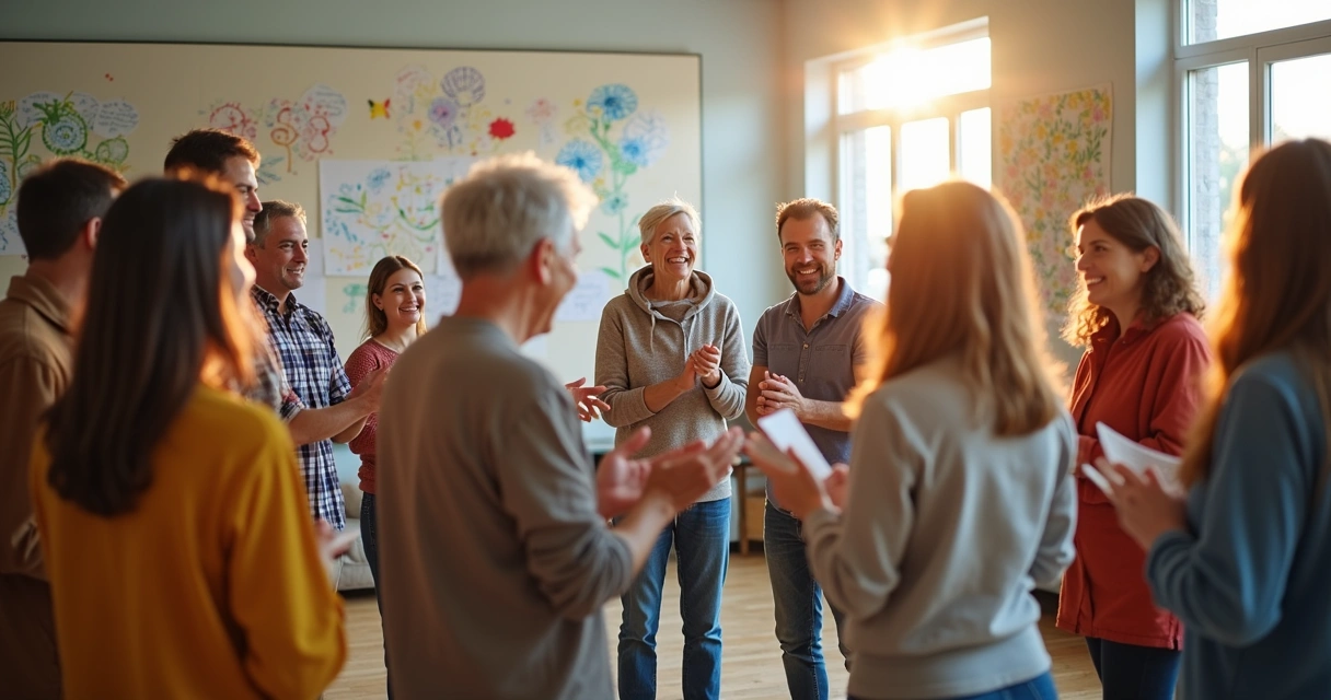 Voluntários de uma instituição em roda, sorrindo após evento comunitário 