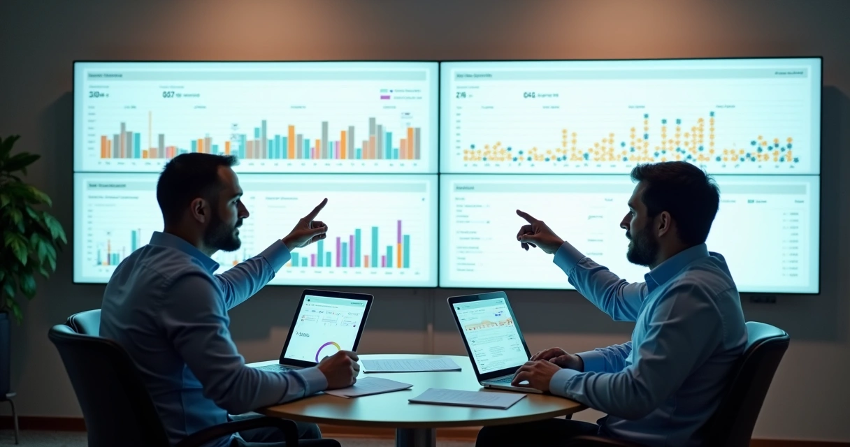 Gestores analisam painel com linha contínua de métricas ao lado de eventos isolados acumulados 