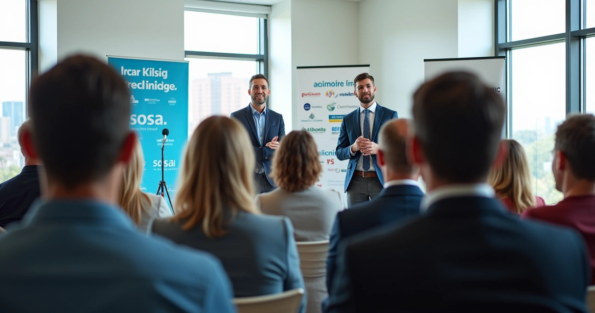 Workshop empresarial com público atento e dois palestrantes 