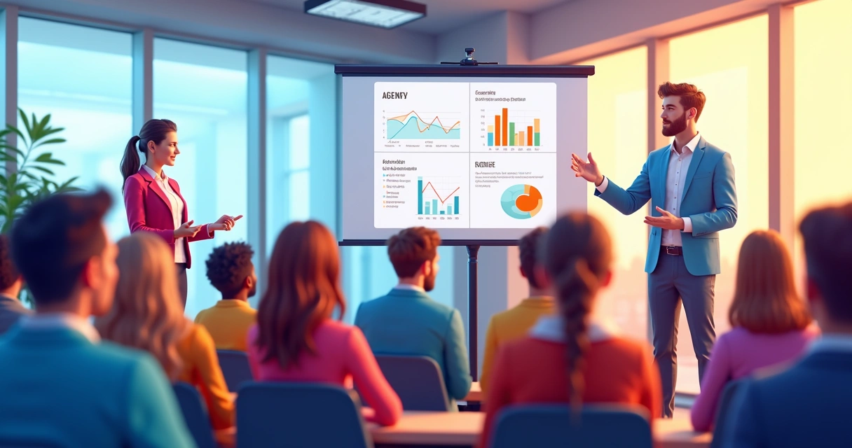 Parcerias entre agências: 7 passos para co-marketing Palestrantes apresentando em um workshop colaborativo entre agências