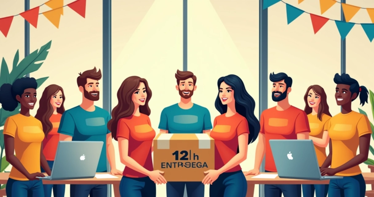 Equipe corporativa reunida com camisas personalizadas recém entregues 