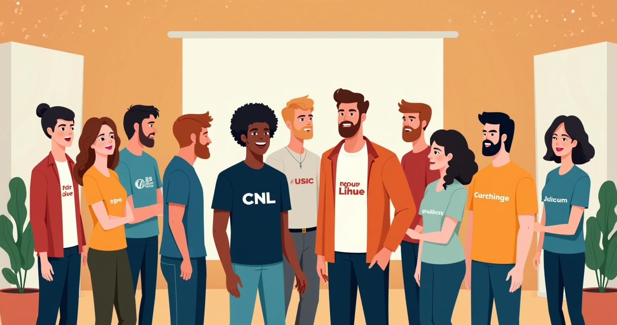 Equipe de colaboradores uniformizados com camisetas personalizadas em evento corporativo 