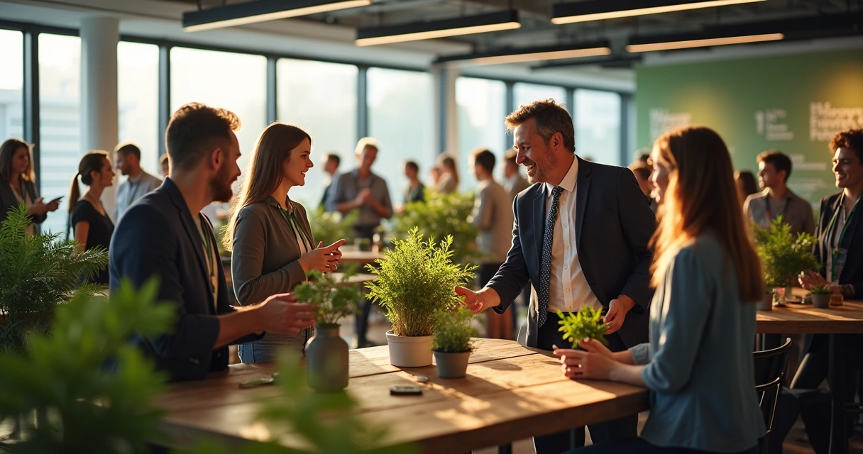 Equipe participa animada de evento corporativo com brindes personalizados sustentáveis 
