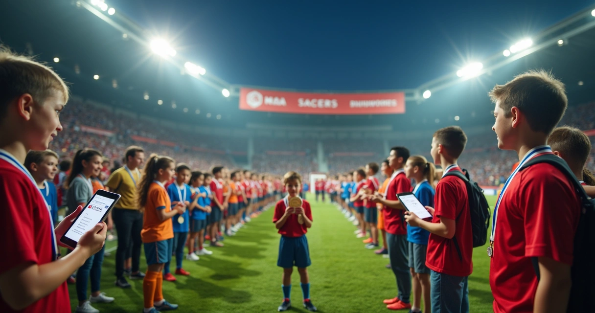 Evento de futebol escolar com família e alunos