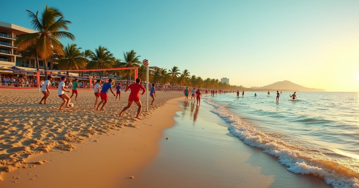 Jogadores praticando esportes na praia de Jurerê no verão ao pôr do sol 