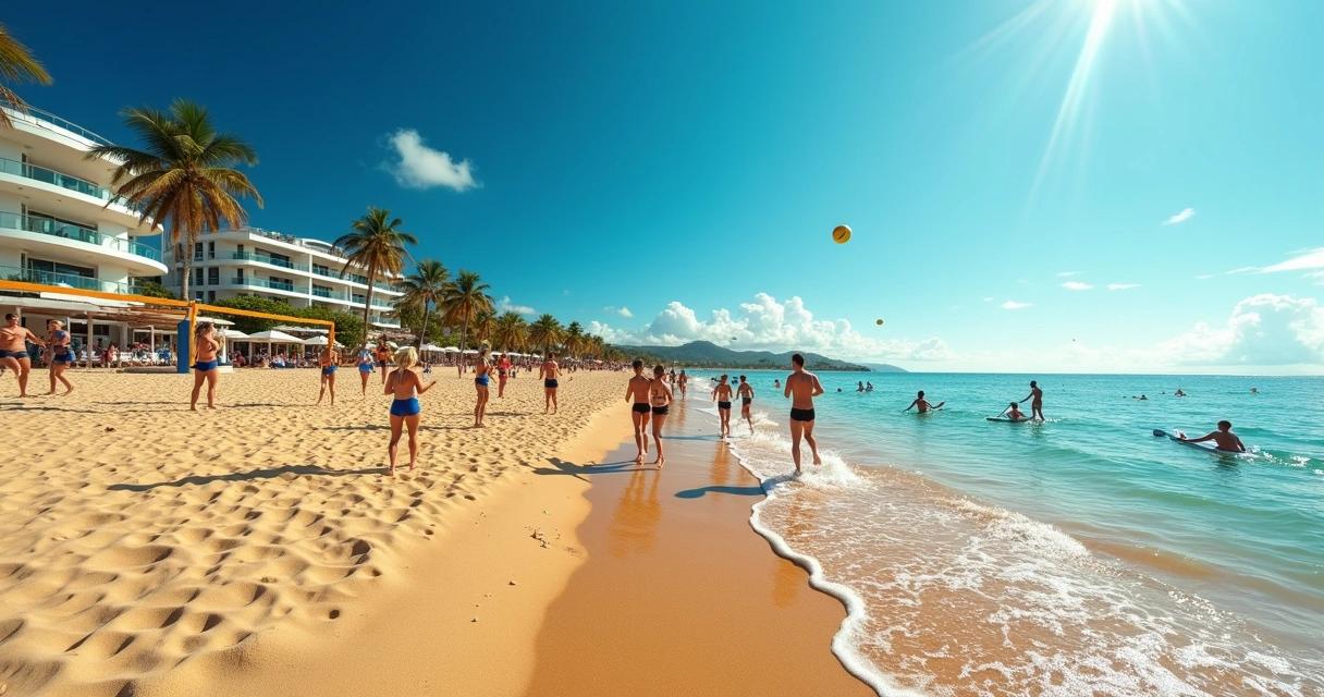 Praia de Jurerê no verão com pessoas praticando esportes na areia e no mar 