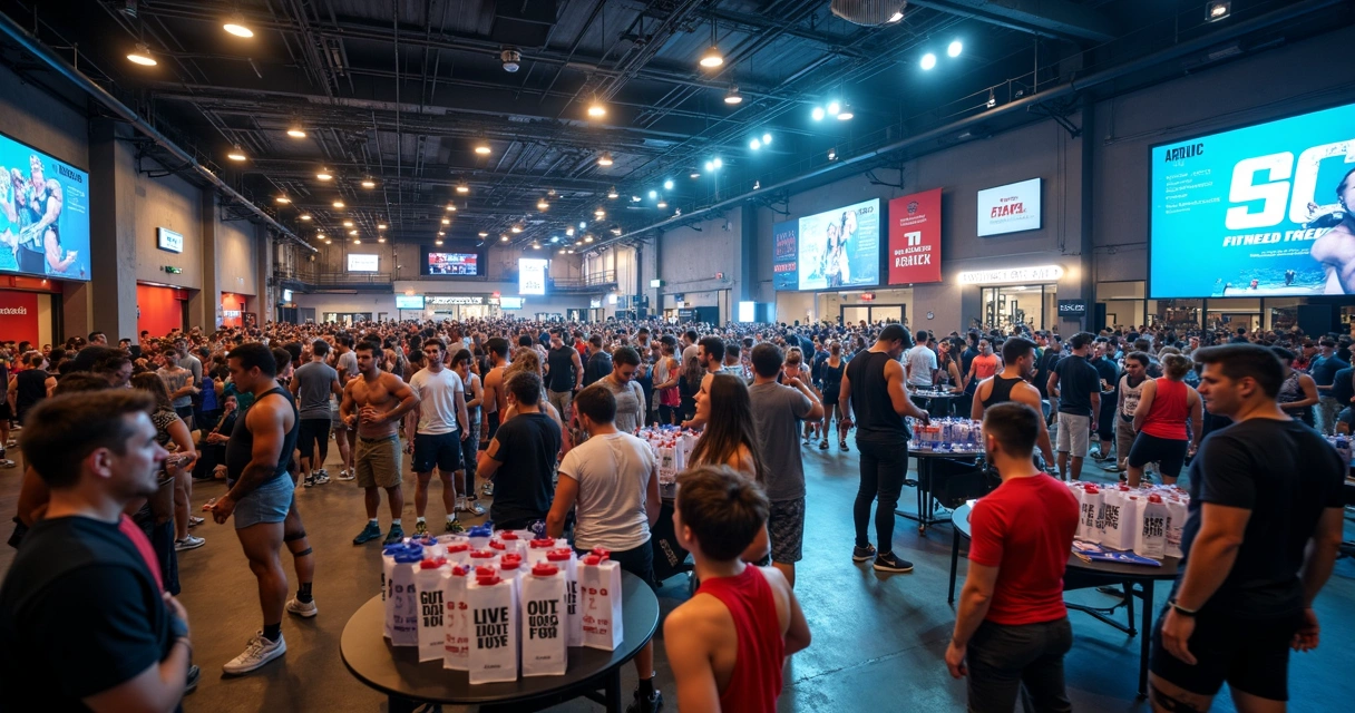 Público em evento fitness com brindes personalizados 