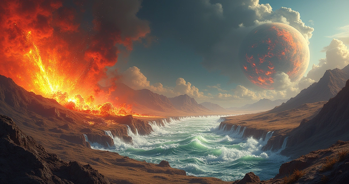 Cena de eventos geológicos catastróficos: erupção vulcânica, impacto de asteroide e inundações.