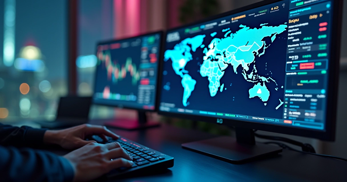 Mapa-múndi digital ligando gráficos financeiros em tela de computador 