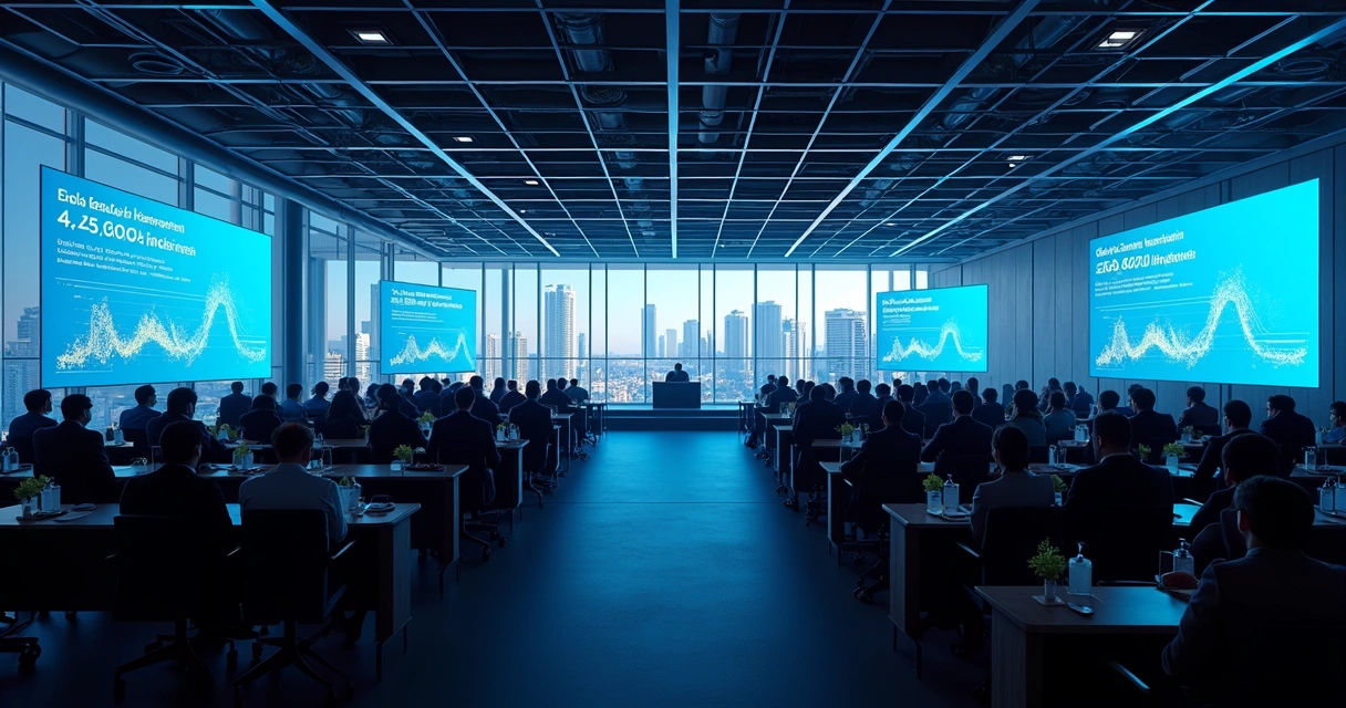 Sala de conferência em SP com múltiplos monitores exibindo gráficos digitais de participação de público. 