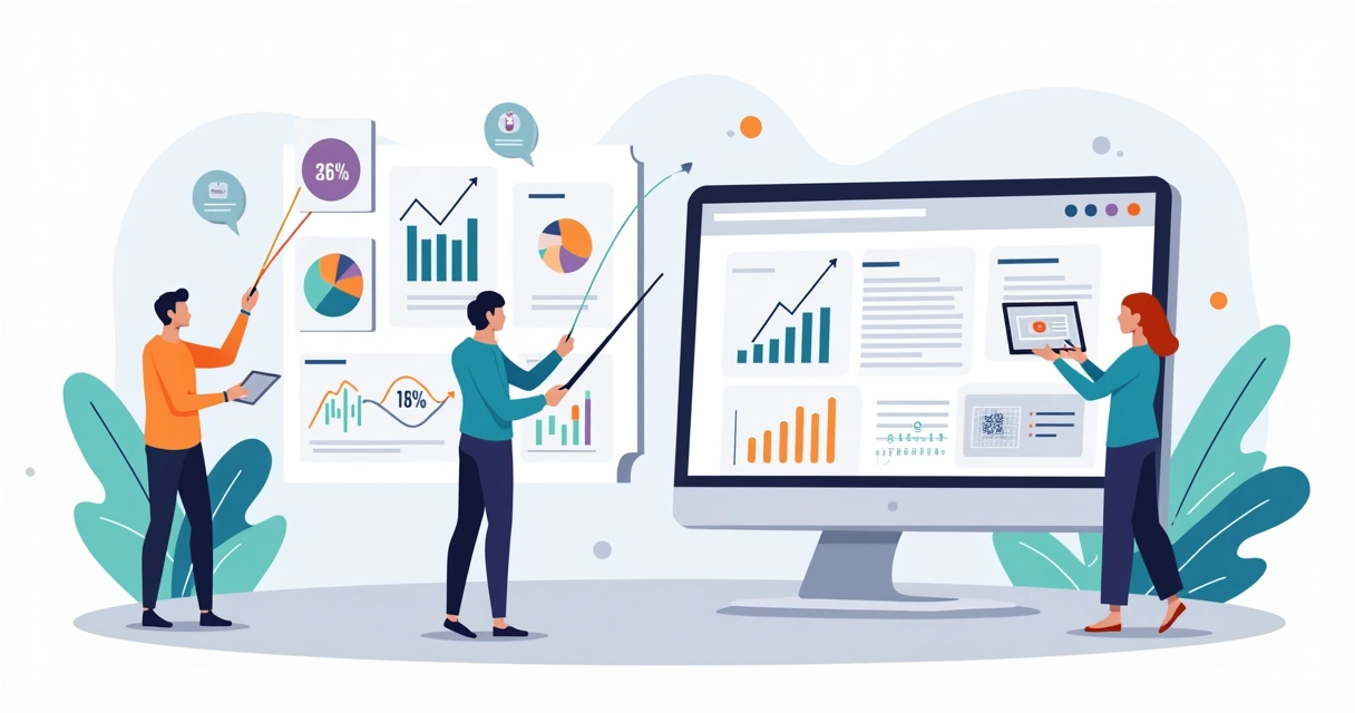 Painel com métricas de eventos conectadas a uma landing page em ilustração corporativa 