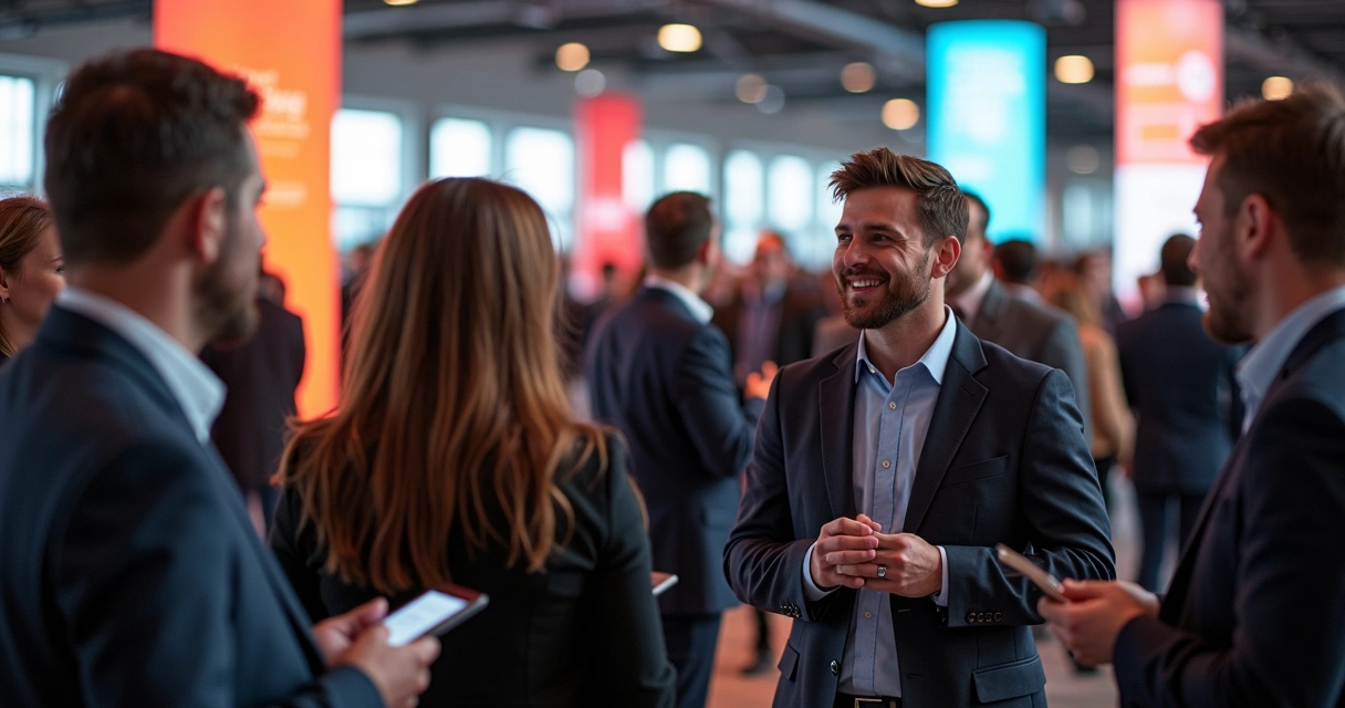 Profissionais de agências conversando durante evento de networking 