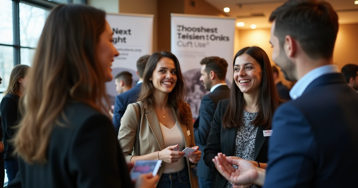 Profissionais conversando em evento de carreira 