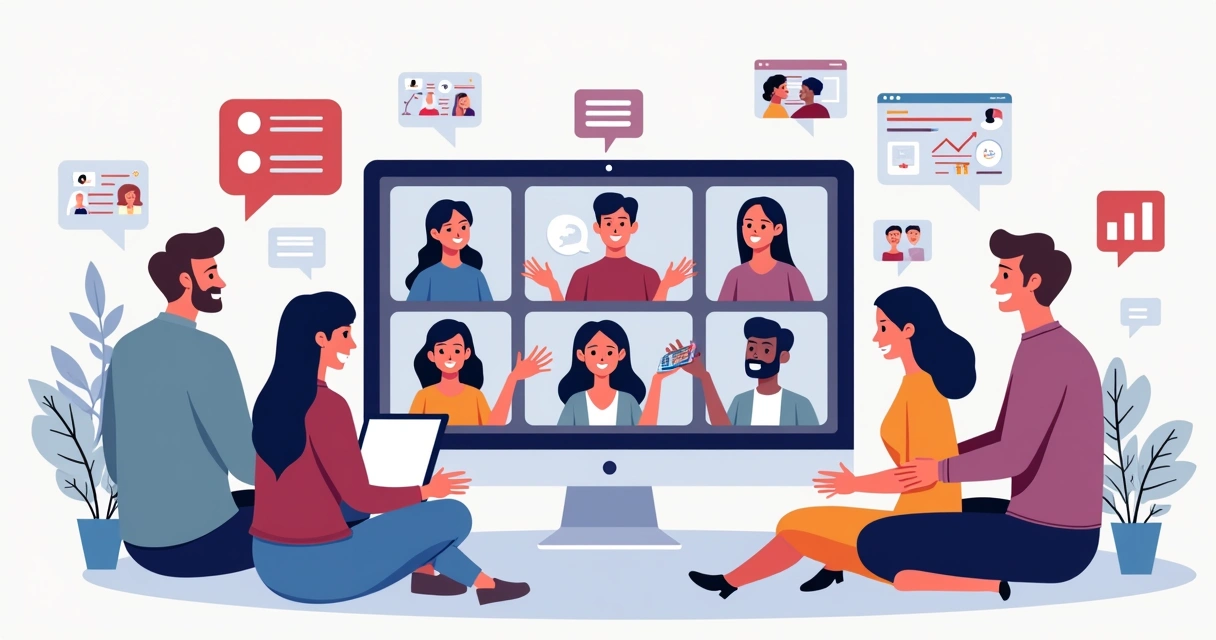 Encontro virtual animado de comunidade em plataforma digital 