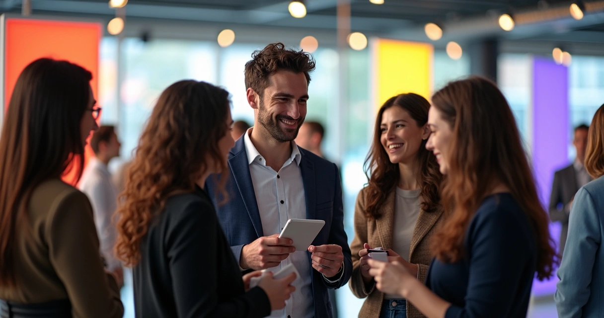 Equipe de agência fazendo networking em evento com banners de marketing digital de fundo 