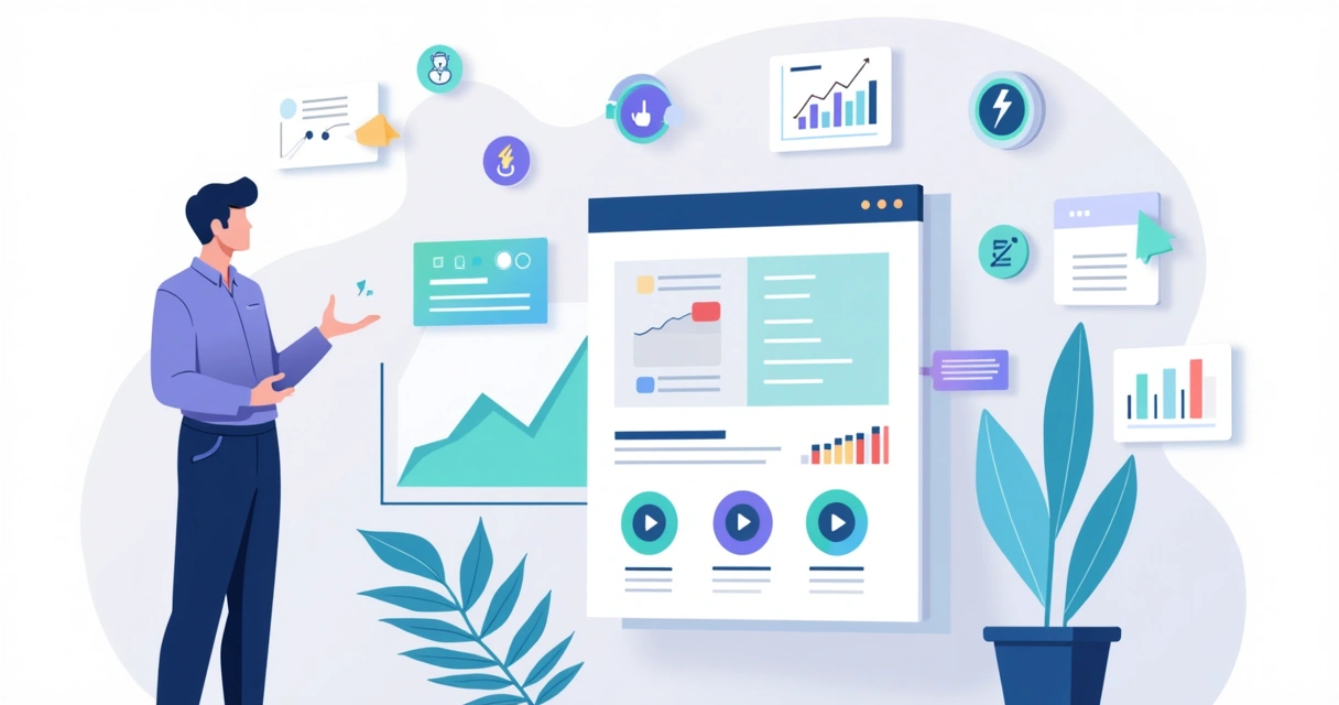 Ilustração de profissional configurando eventos personalizados de engajamento em painel de analytics 