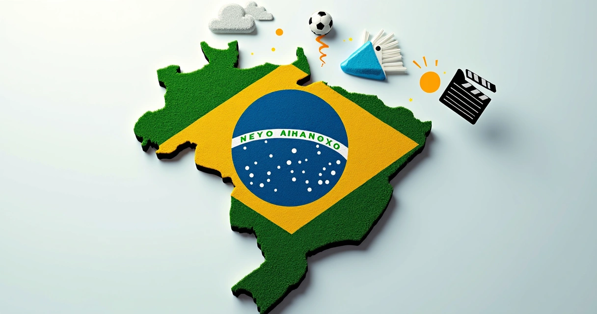 Montagem visual com ícones de política, clima, esportes e entretenimento brasileiros 