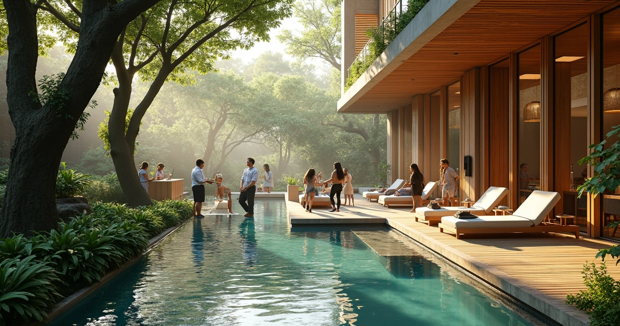 Ambiente de evento no spa integrado à natureza com convidados interagindo 