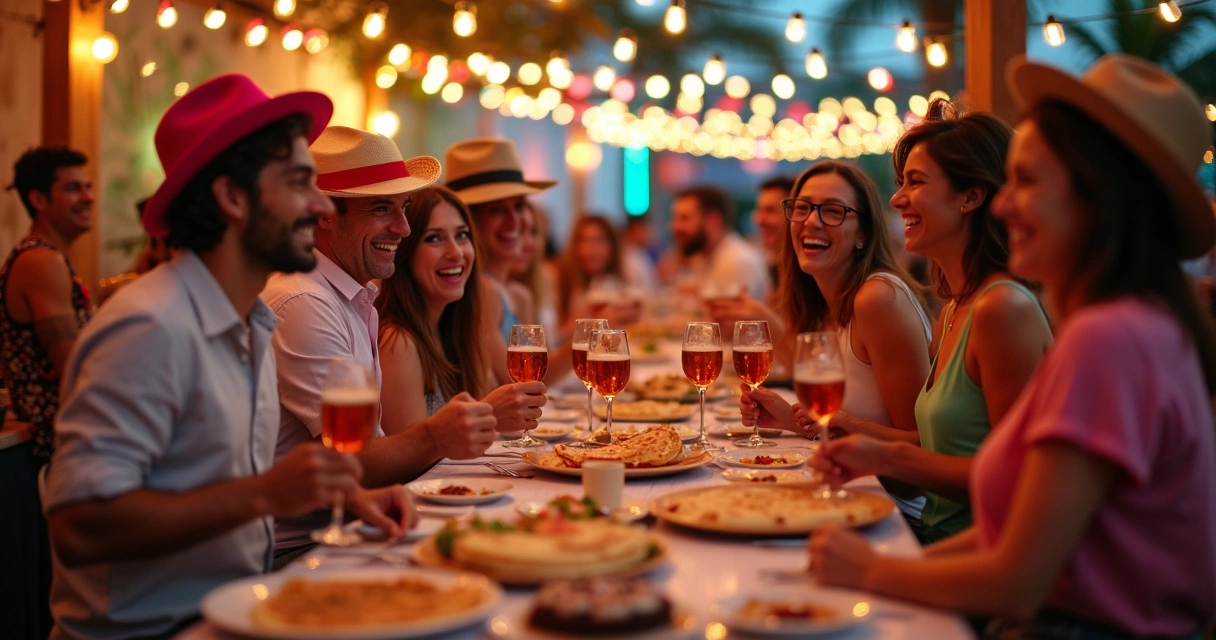 Festa temática de happy hour com crepes, decoração colorida e convidados animados 