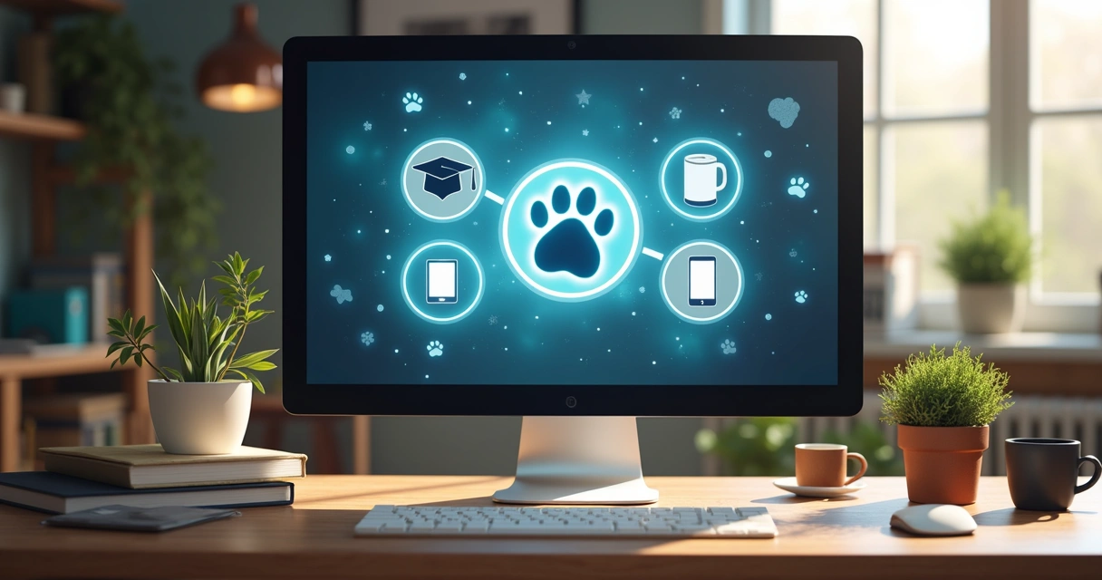 Diversos eventos cotidianos representados por ícones ao redor de uma tela de computador 