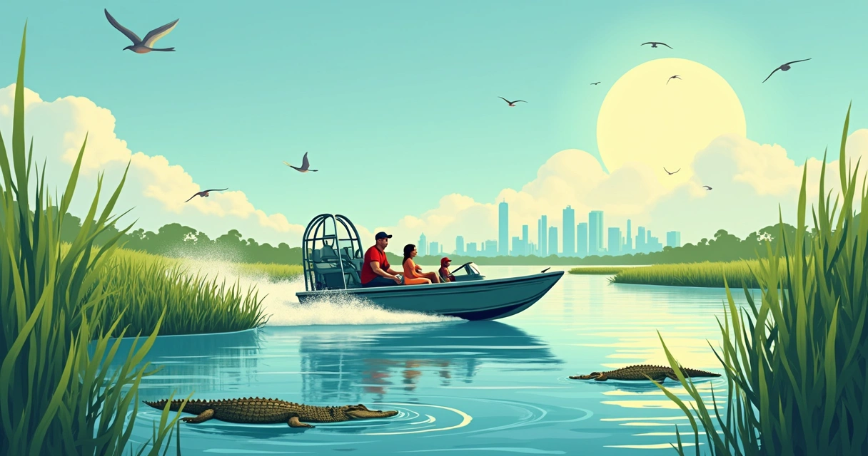 Pessoas em airboat atravessando os pântanos do Everglades próximo a Miami 