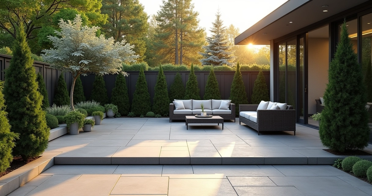 Evergreen shrubs forming a boundary along a modern patio