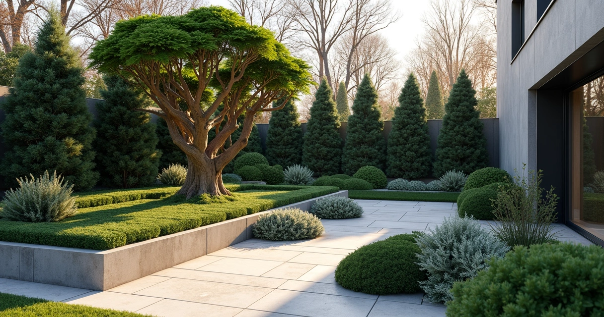 Modern garden with layers of evergreens and a sculptural tree