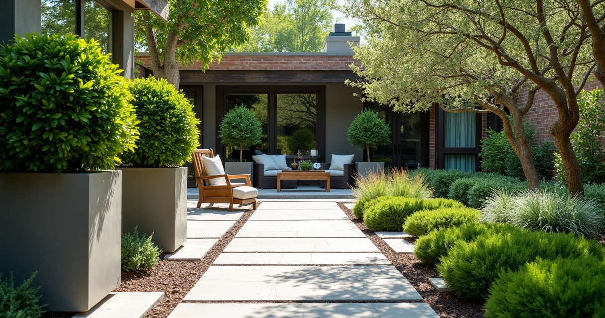 Mix of evergreen plants on modern patio