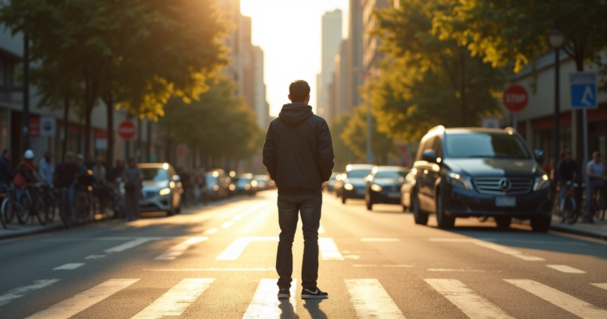 Person standing at a crosswalk in a city, pausing before crossing 