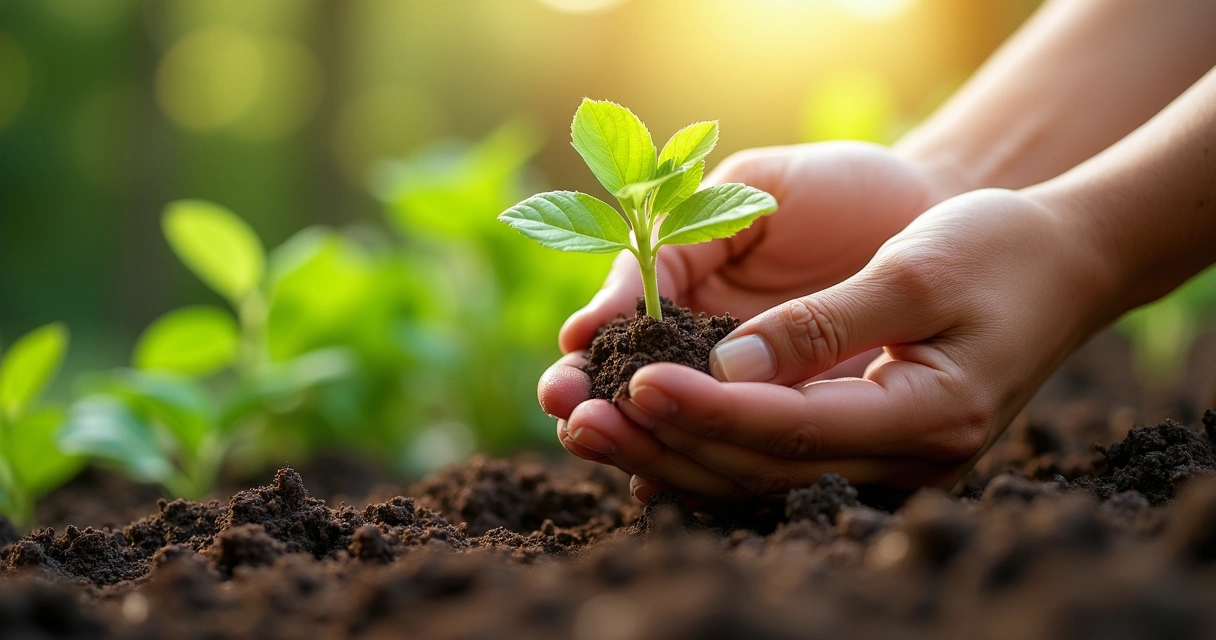 Hands planting a seedling in the soil 