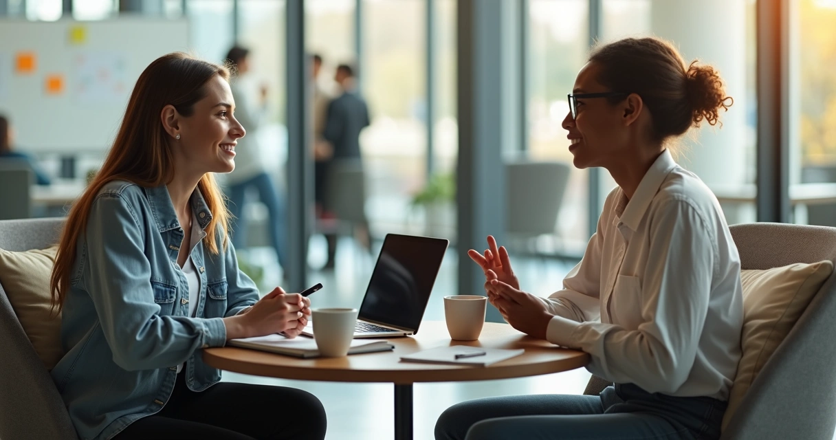 Colleagues talking in a relaxed office space exchanging feedback during a casual conversation 
