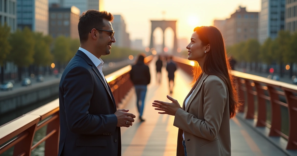 Two people talking on a city bridge with glowing connection lines around them 