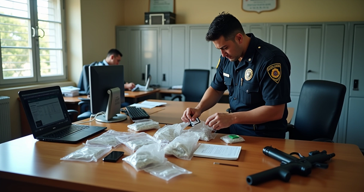 Investigator labeling digital and physical evidence in a Brazilian law enforcement office