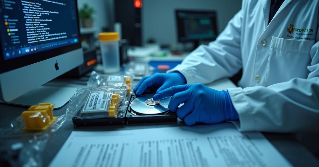 Digital investigator making disk copy on lab desk 