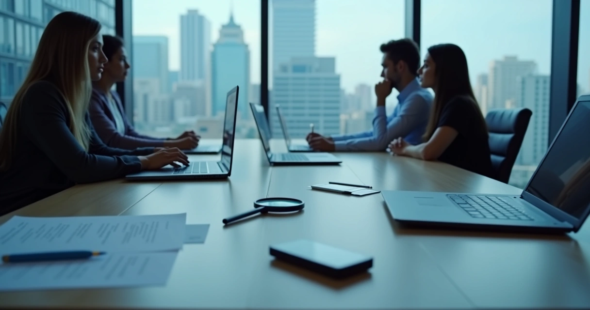 Reunião com computadores, papéis e equipamentos para análise de provas digitais. 